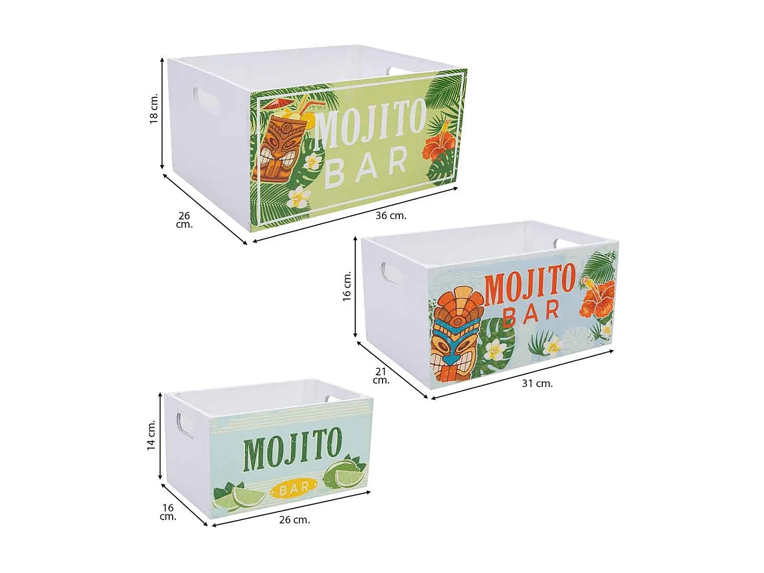 Bedruckte Holzschubladen 3er Set 36x26x18h-31x21x16h-26x16x14h cm