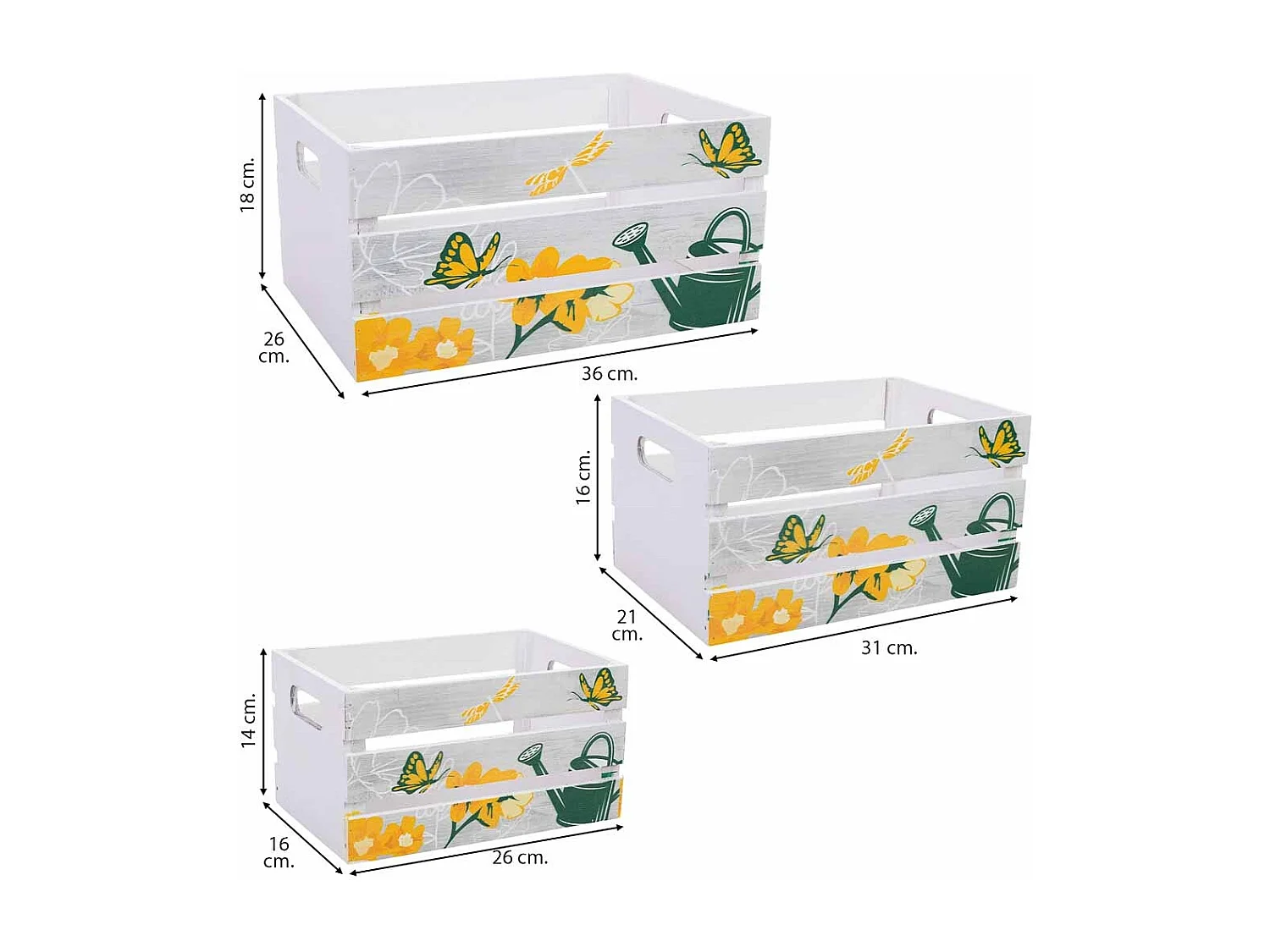 Bedruckte Holzschubladen 3er Set 36x26x18h-31x21x16h-26x16x14h cm