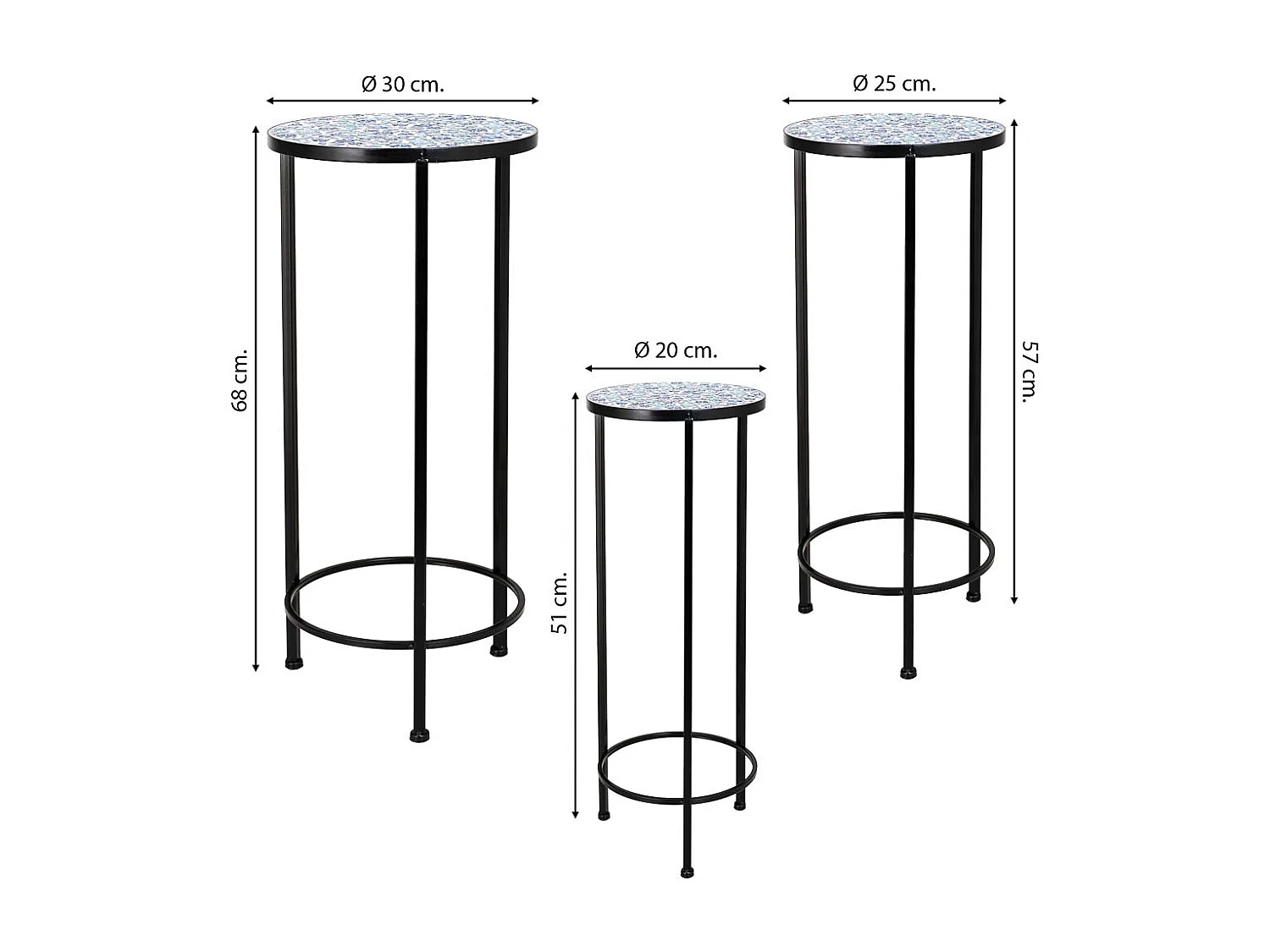 Soportes set 3 pzas de mosaico y forja negro D30x68h-D25x57h-D20x51h cm