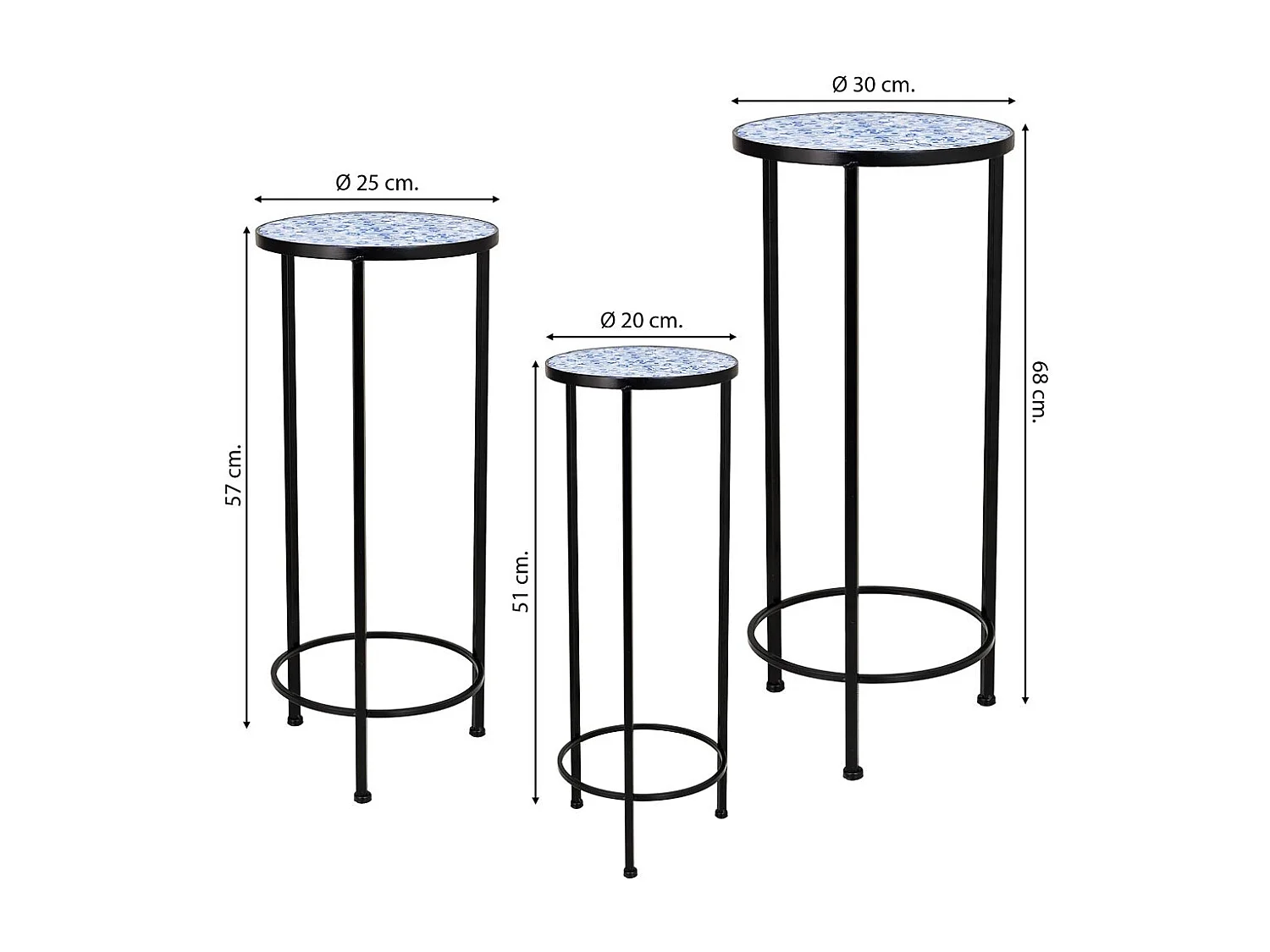 Ensemble de 3 pièces en mosaïque et supports en fer forgé noir D30x68h-D25x57h-D20x51h cm