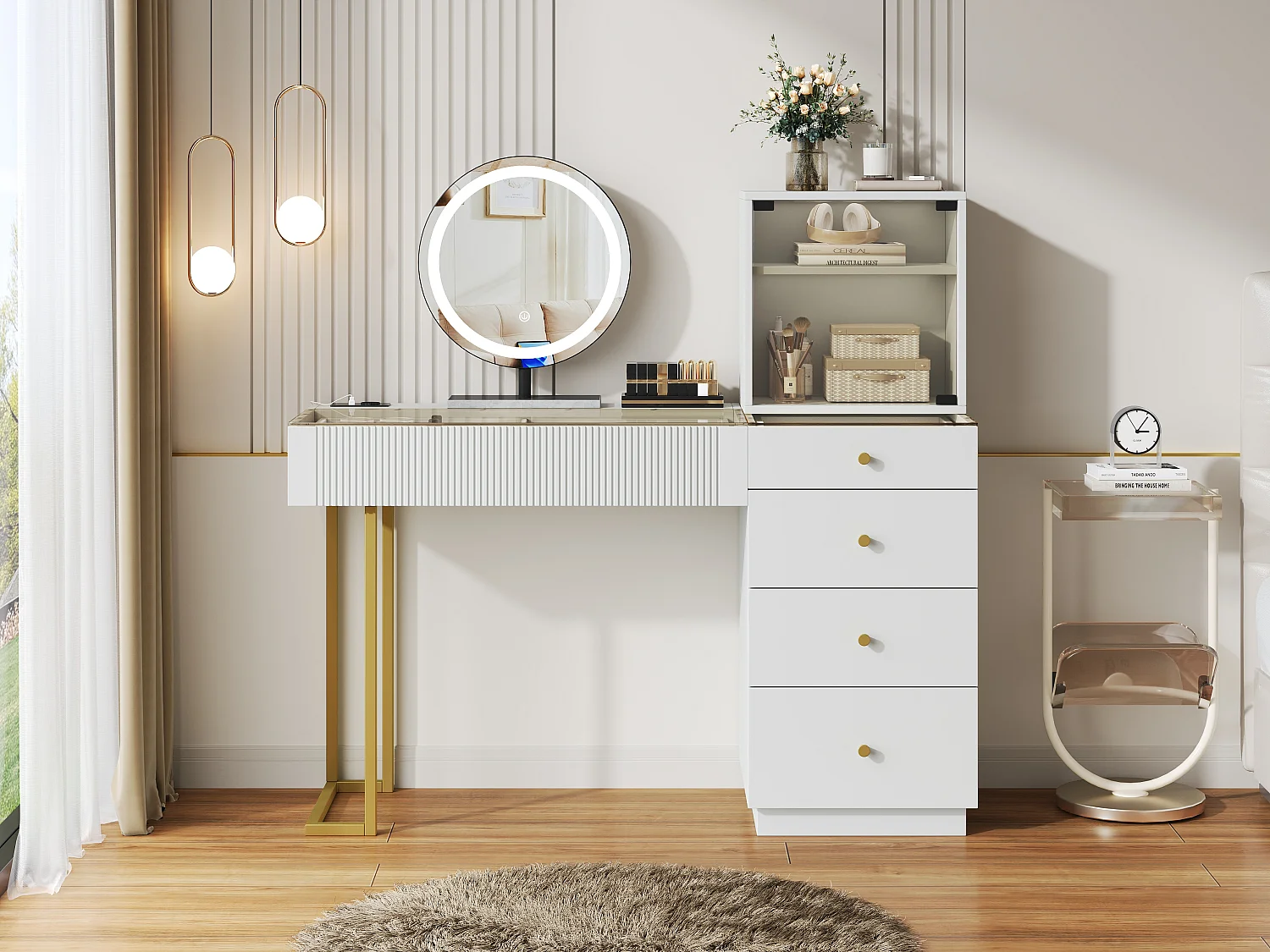 Coiffeuse avec miroir LED et 5 tiroirs - Plateau en verre trempé - Blanc