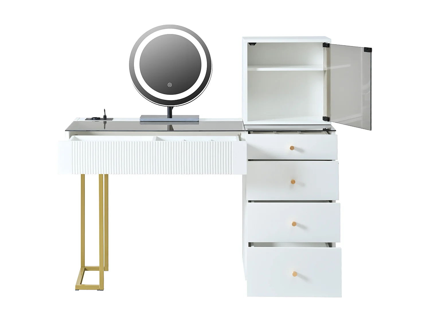 Coiffeuse avec miroir LED et 5 tiroirs - Plateau en verre trempé - Blanc