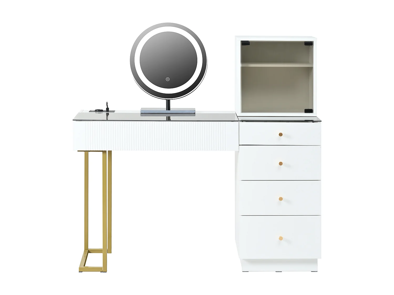 Coiffeuse avec miroir LED et 5 tiroirs - Plateau en verre trempé - Blanc