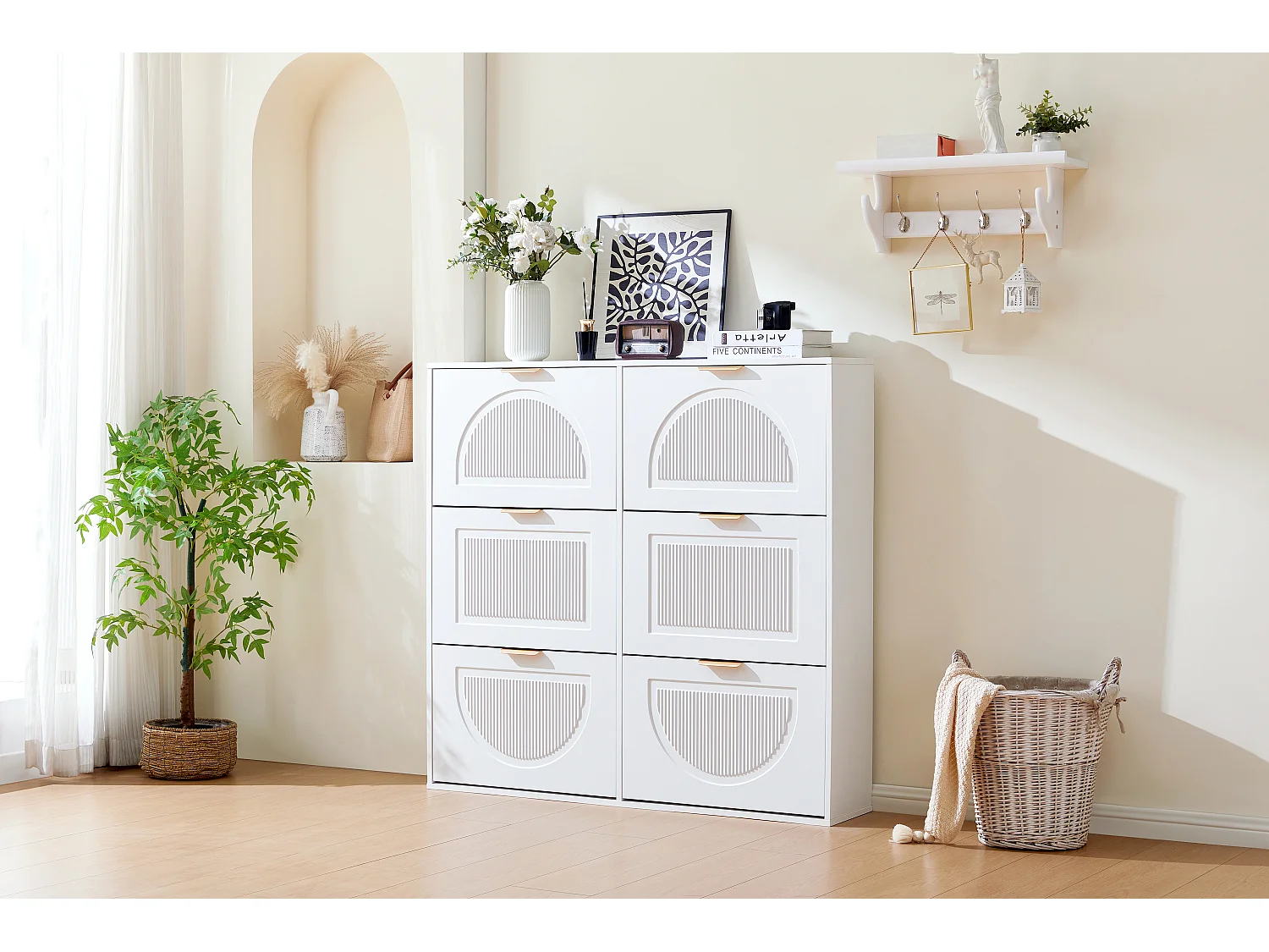 Meuble à chaussures blanc avec 6 portes abattants 118x25x115 cm