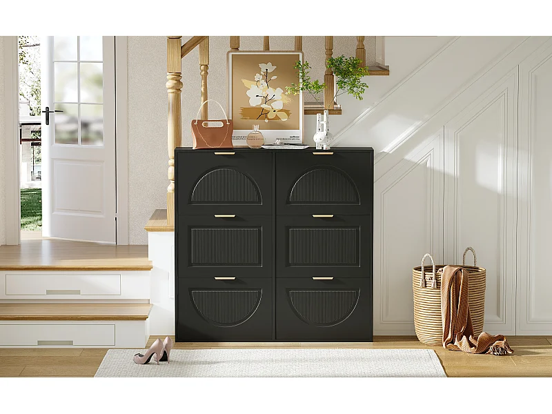 Meuble à chaussures noir avec 6 portes abattants 118x25x115 cm
