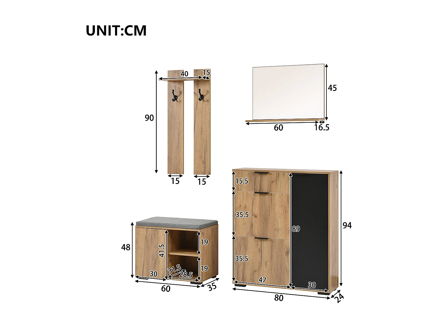 Ensemble meuble d'entrée 4 pièces - Couleur bois et noir