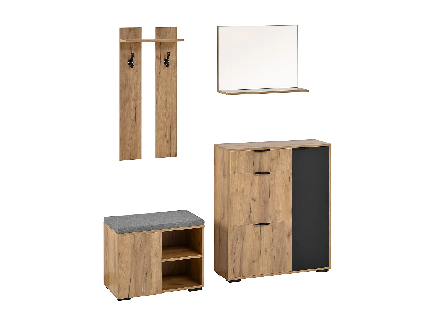 Ensemble meuble d'entrée 4 pièces - Couleur bois et noir