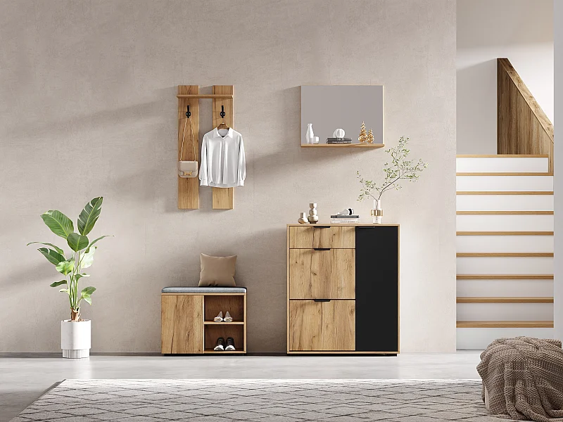 Ensemble meuble d'entrée 4 pièces - Couleur bois et noir