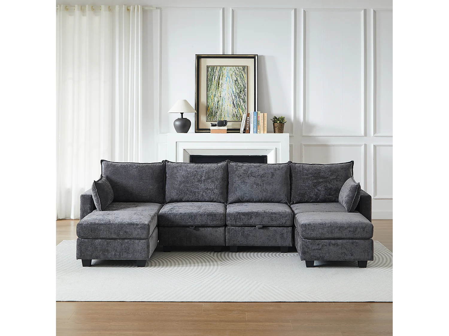 Canapé d’angle 6 places modulable avec 6 coffres de rangements - Tissu chenille gris