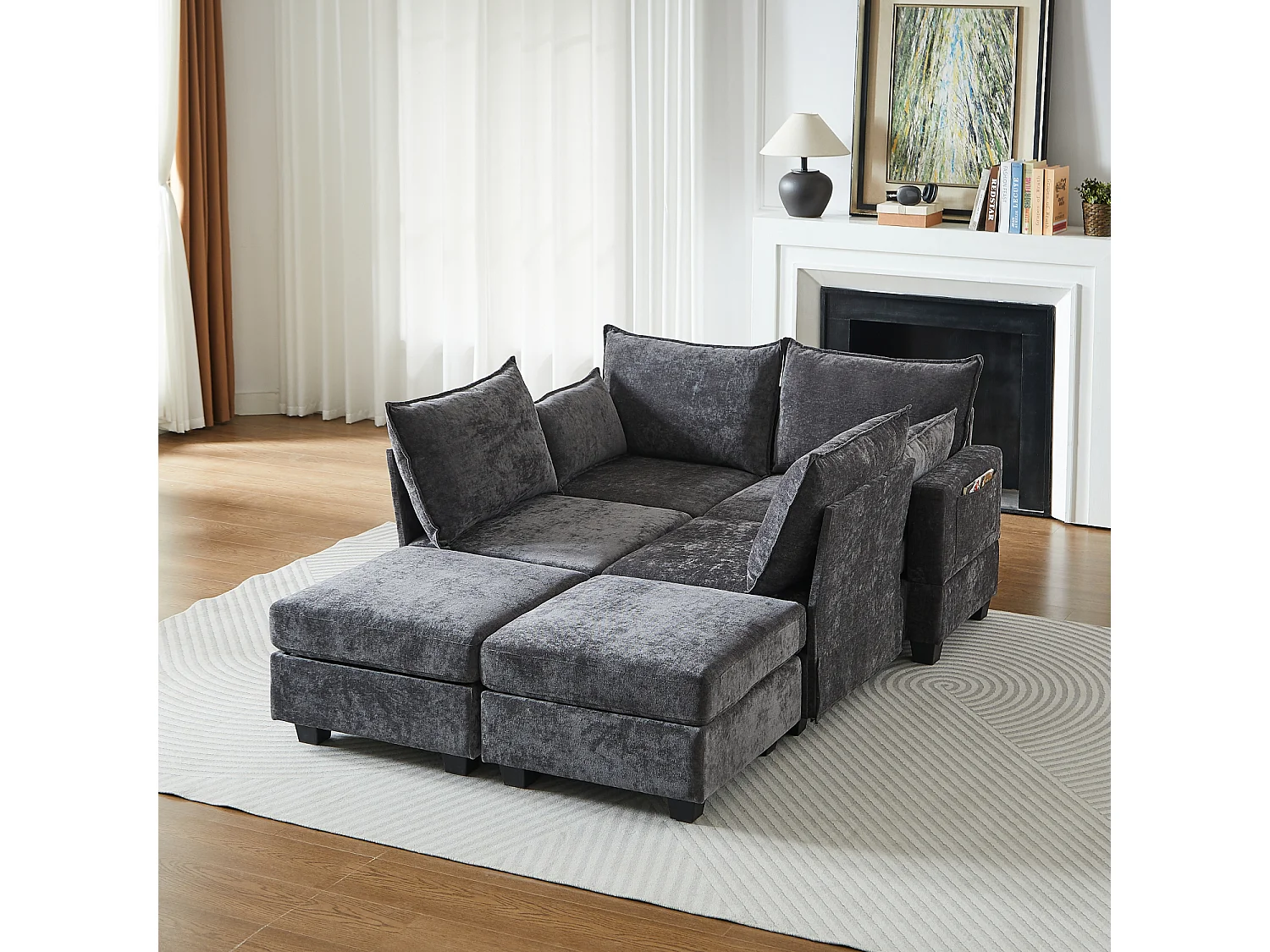 Canapé d’angle 6 places modulable avec 6 coffres de rangements - Tissu chenille gris