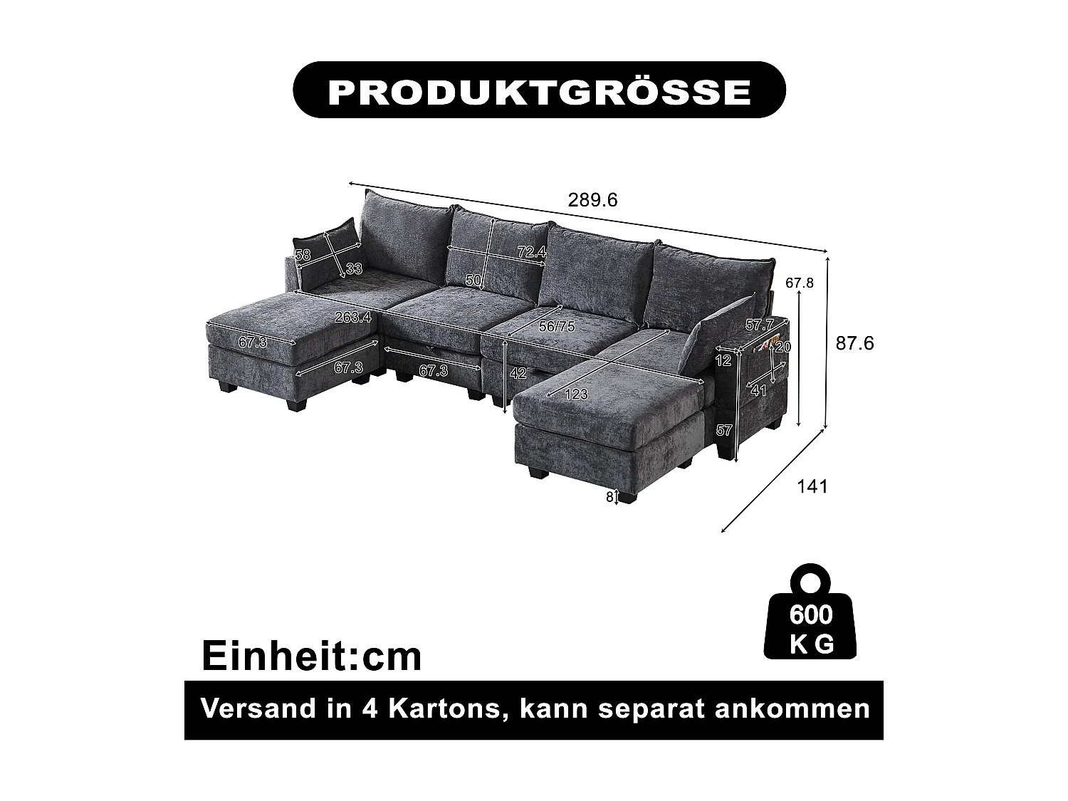 Canapé d’angle 6 places modulable avec 6 coffres de rangements - Tissu chenille gris