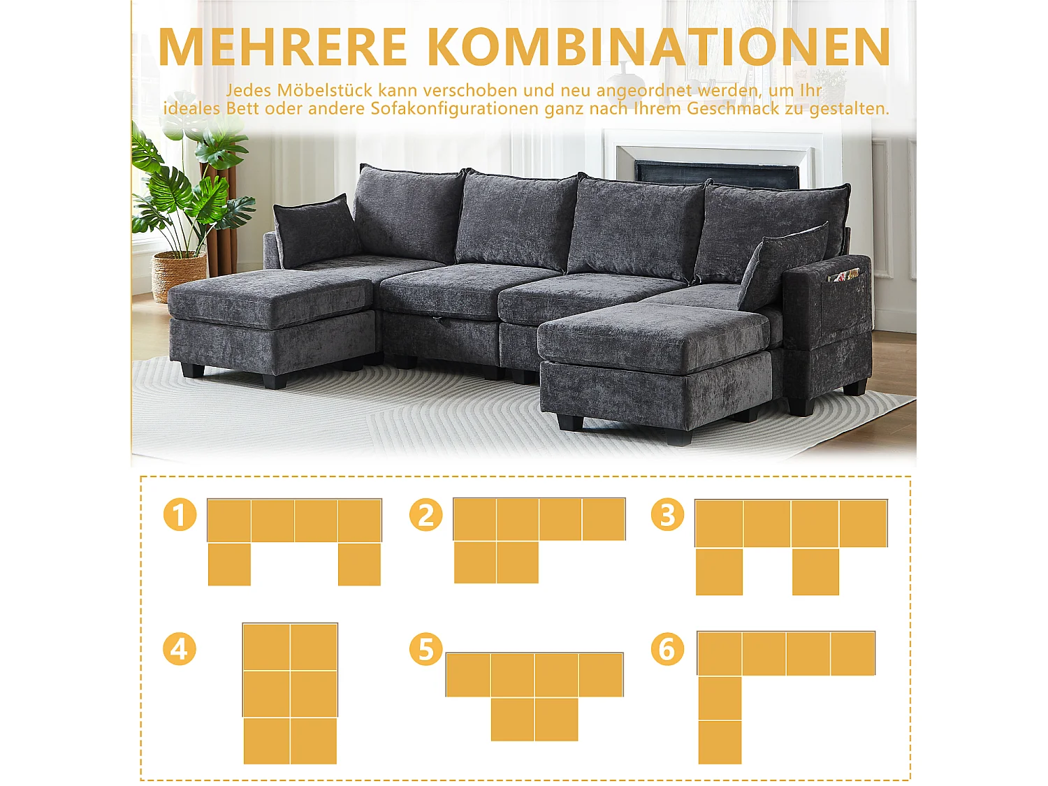 Canapé d’angle 6 places modulable avec 6 coffres de rangements - Tissu chenille gris