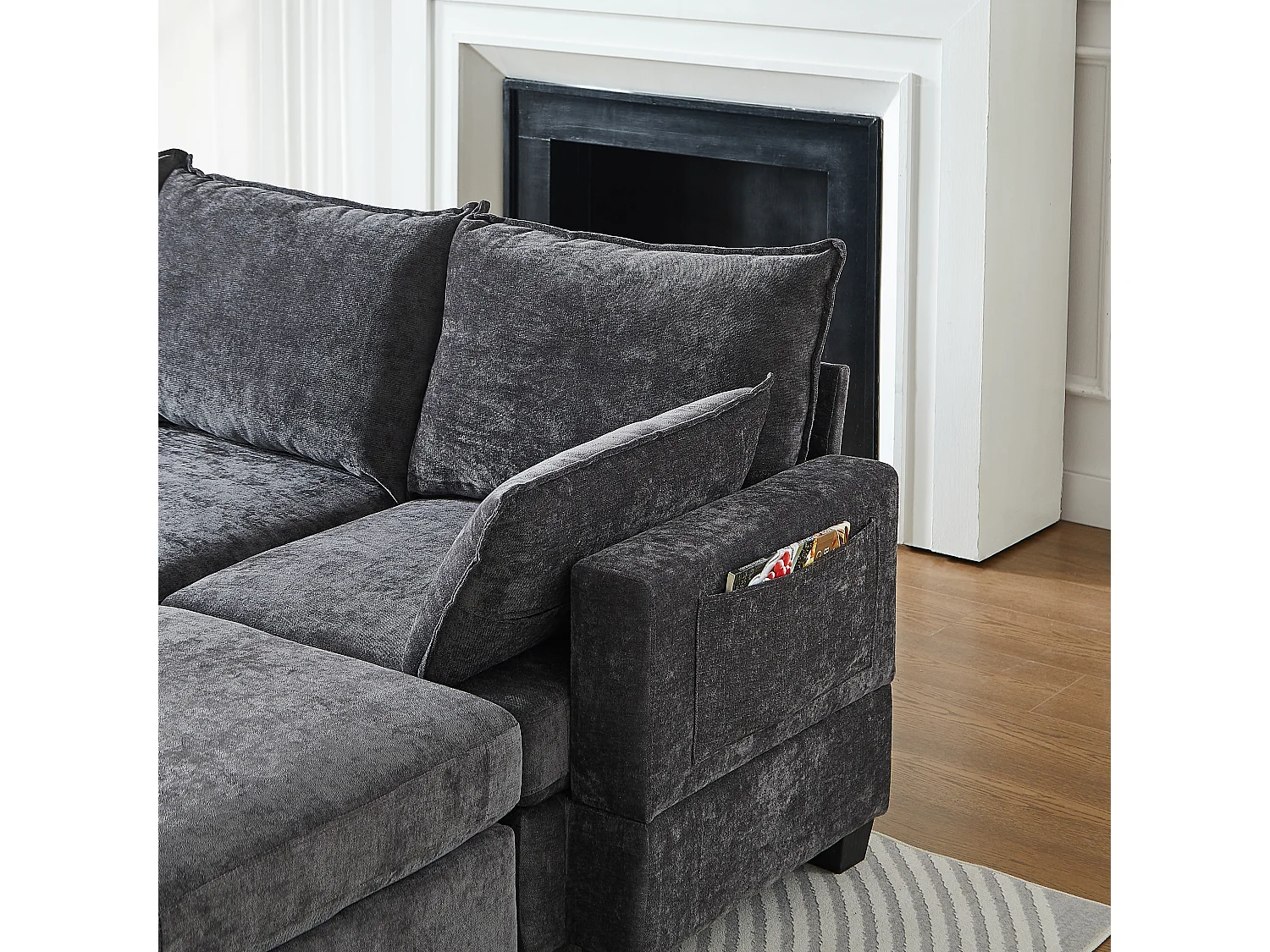 Canapé d’angle 6 places modulable avec 6 coffres de rangements - Tissu chenille gris