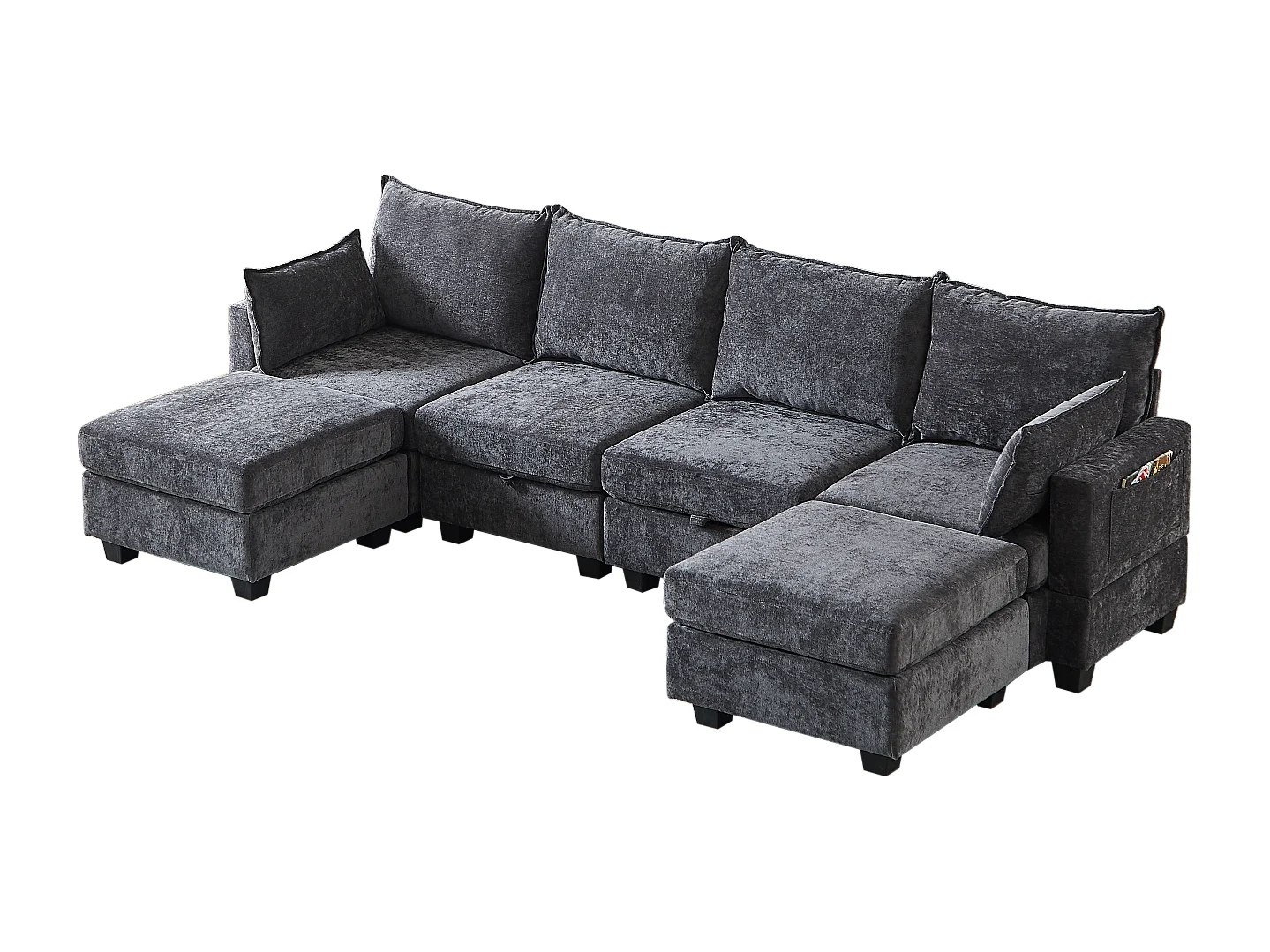 Canapé d’angle 6 places modulable avec 6 coffres de rangements - Tissu chenille gris