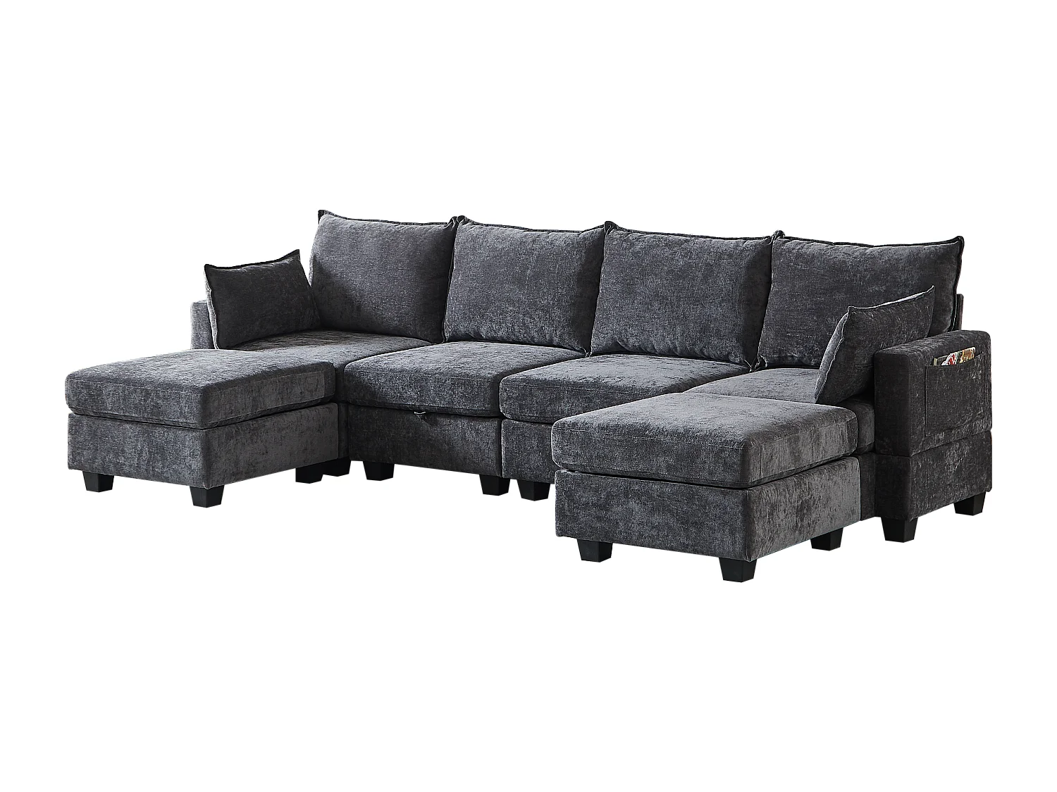 Canapé d’angle 6 places modulable avec 6 coffres de rangements - Tissu chenille gris