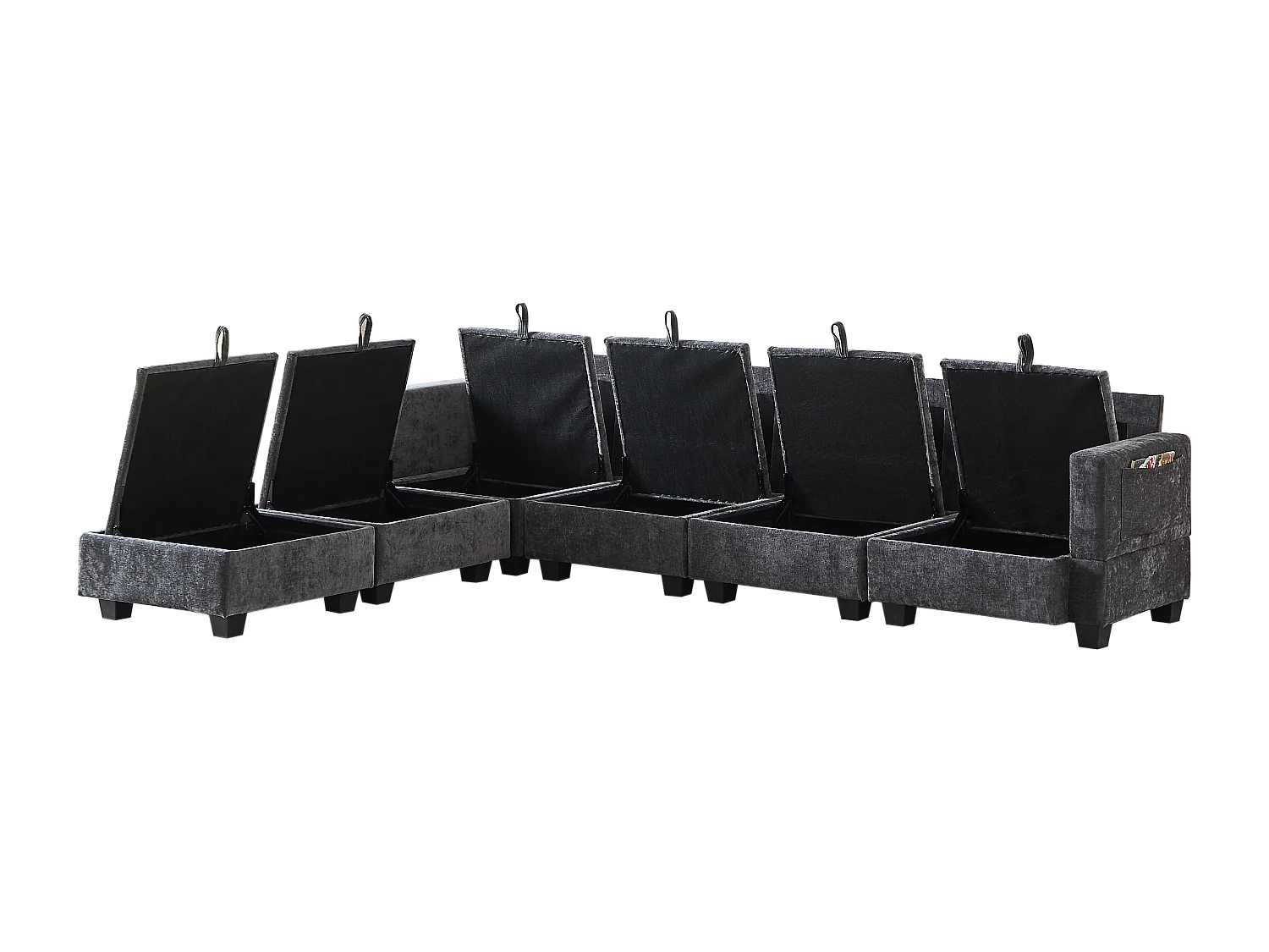 Canapé d’angle 6 places modulable avec 6 coffres de rangements - Tissu chenille gris