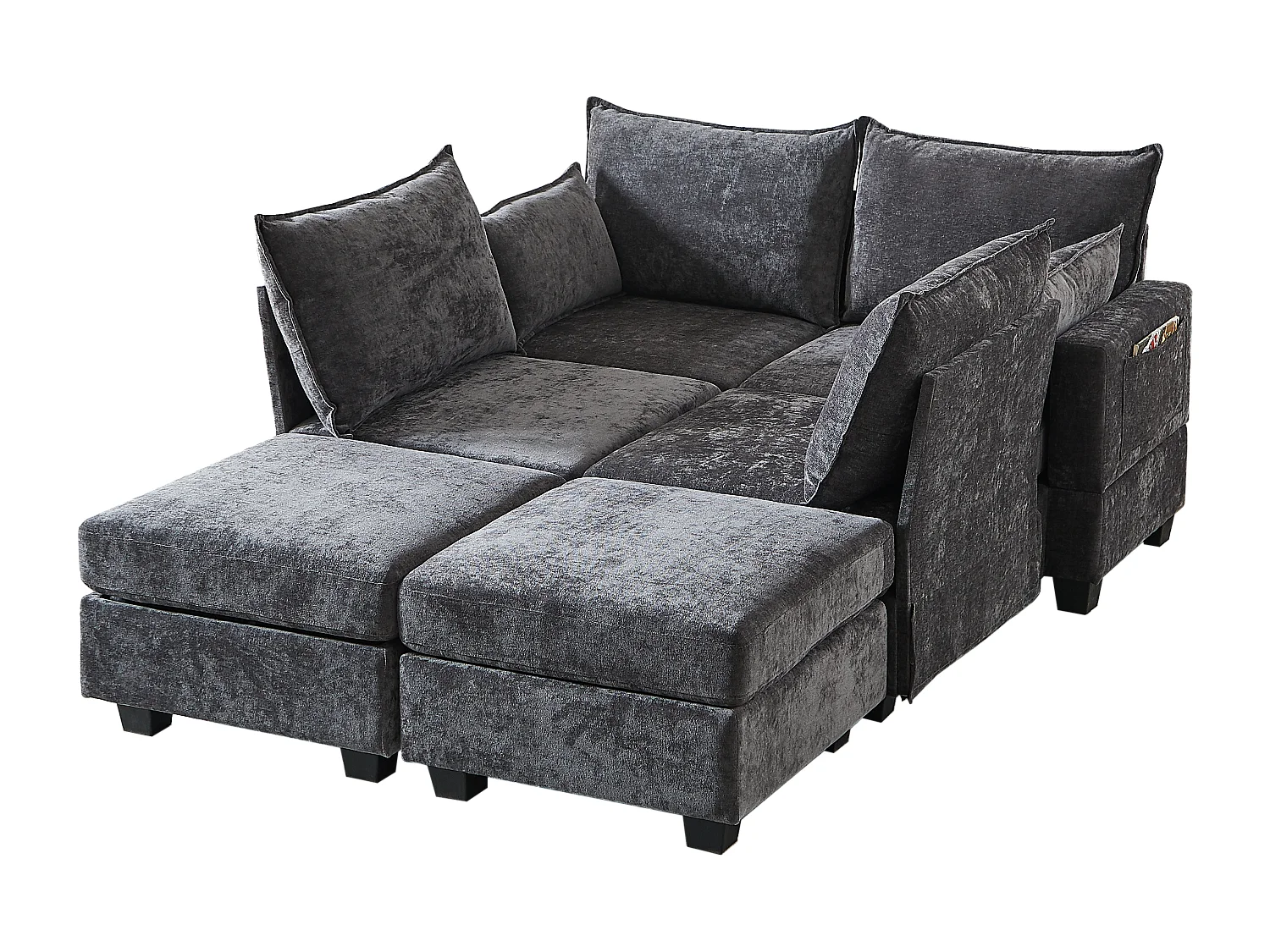 Canapé d’angle 6 places modulable avec 6 coffres de rangements - Tissu chenille gris