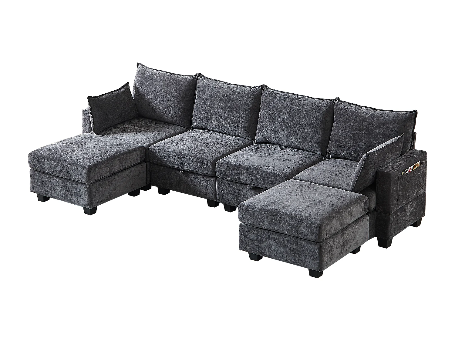 Canapé d’angle 6 places modulable avec 6 coffres de rangements - Tissu chenille gris