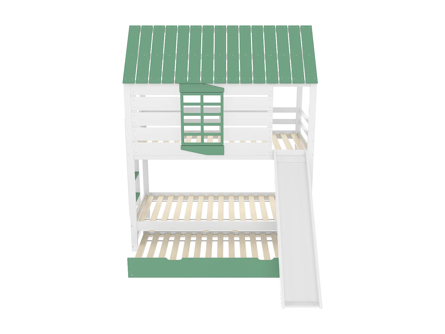 Lit superposé 90x200 cm avec lit gigogne 90x190 cm et toboggan - Lit cabane en bois pin et MDF - Vert et naturel clair