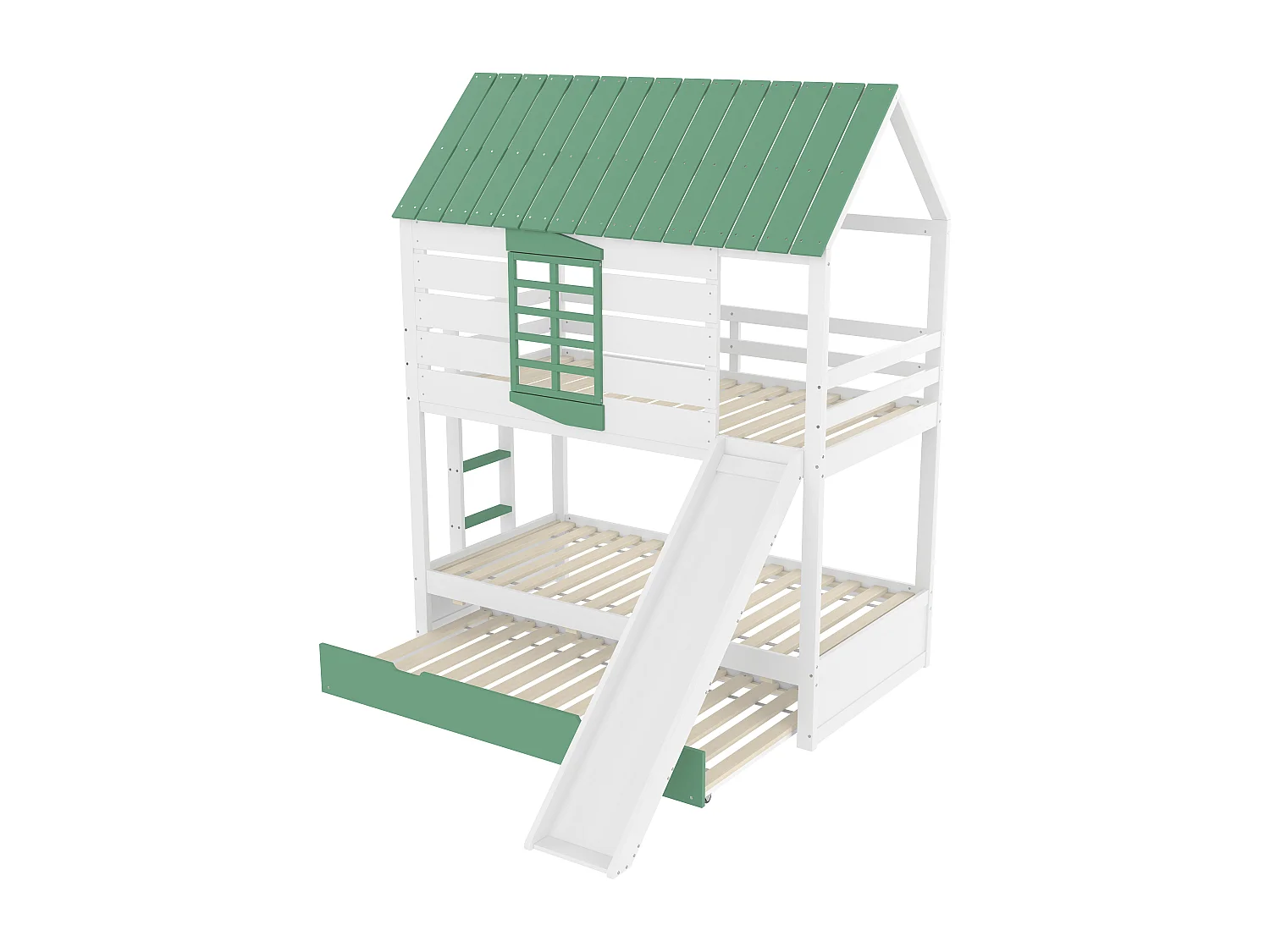 Lit superposé 90x200 cm avec lit gigogne 90x190 cm et toboggan - Lit cabane en bois pin et MDF - Vert et naturel clair