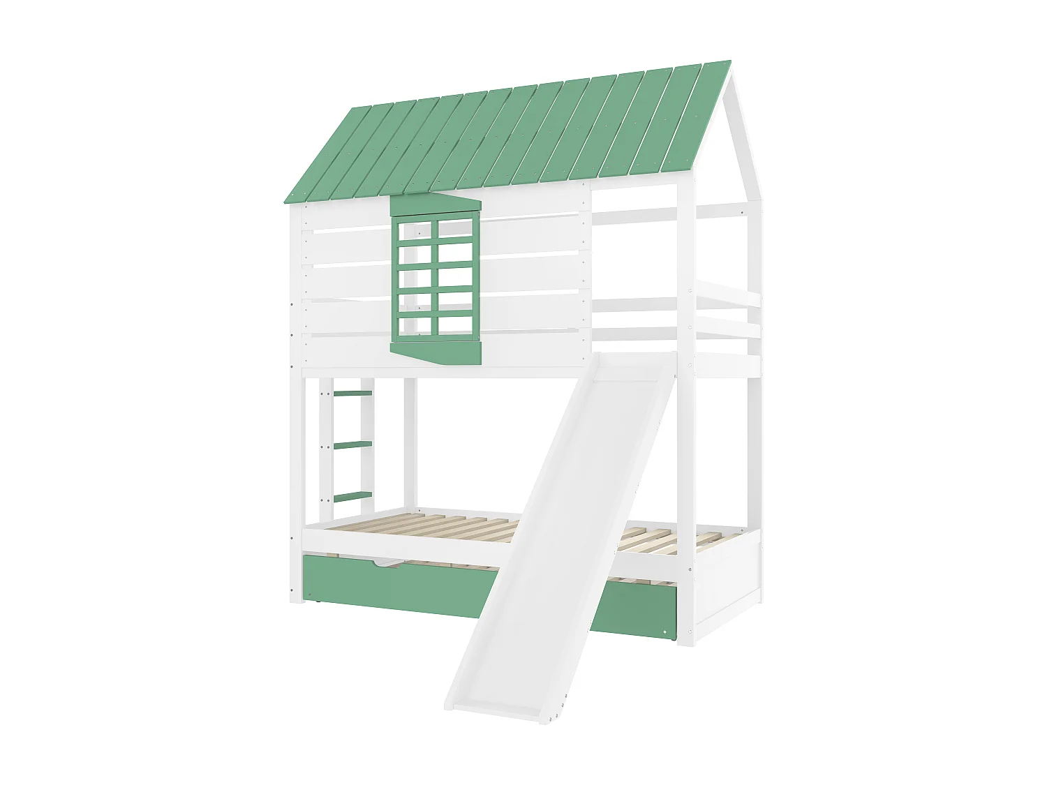 Lit superposé 90x200 cm avec lit gigogne 90x190 cm et toboggan - Lit cabane en bois pin et MDF - Vert et naturel clair