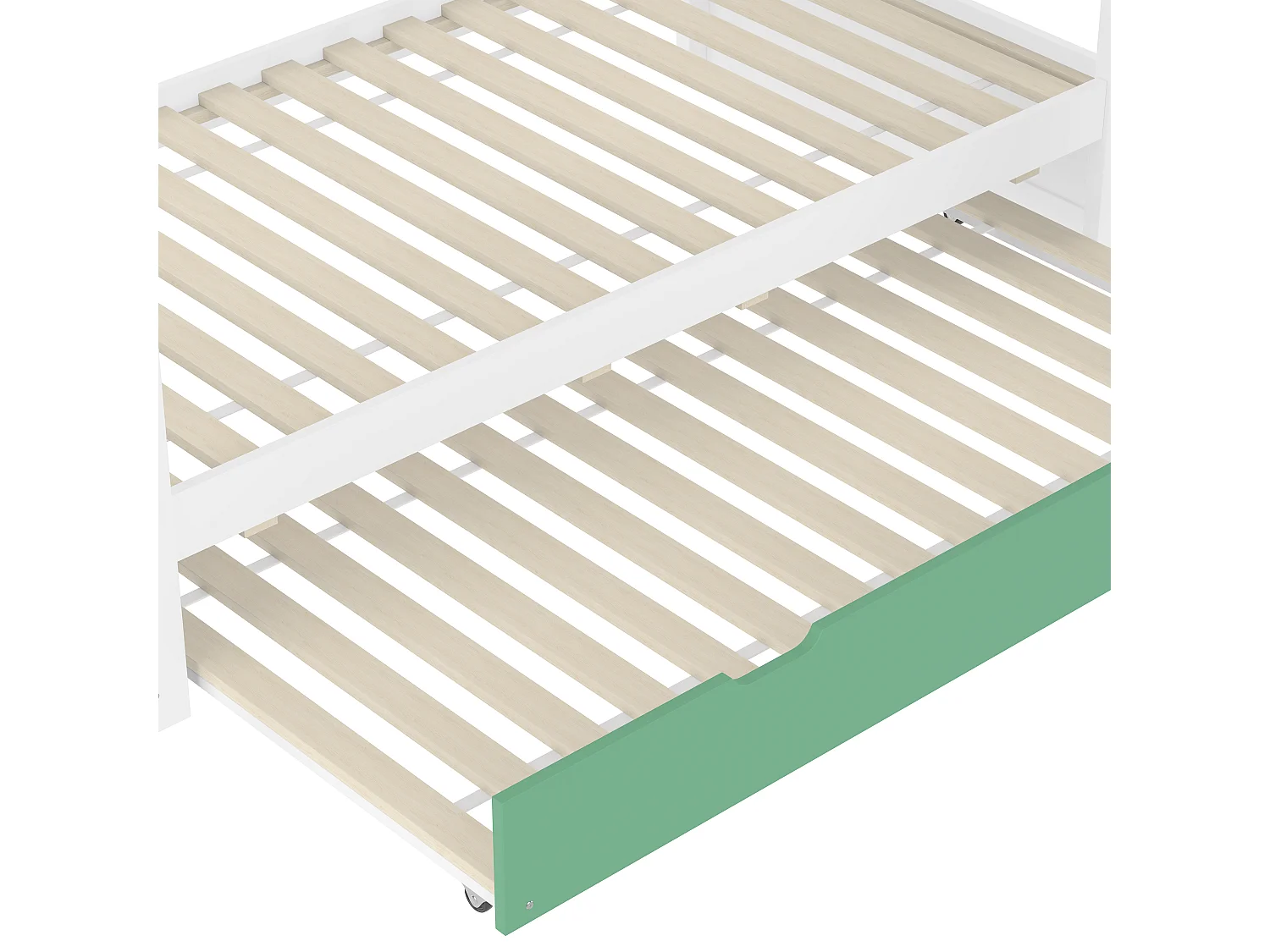 Lit superposé 90x200 cm avec lit gigogne 90x190 cm et toboggan - Lit cabane en bois pin et MDF - Vert et naturel clair