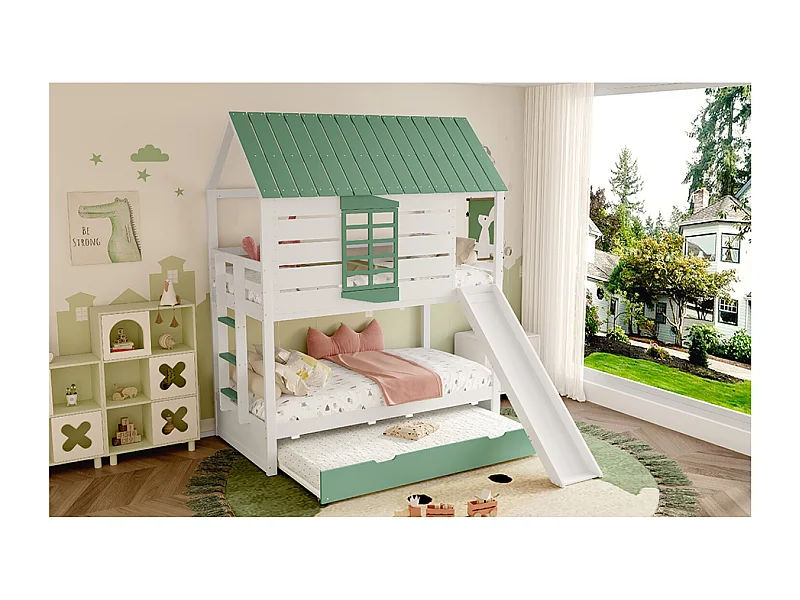 Lit superposé 90x200 cm avec lit gigogne 90x190 cm et toboggan - Lit cabane en bois pin et MDF - Vert et naturel clair