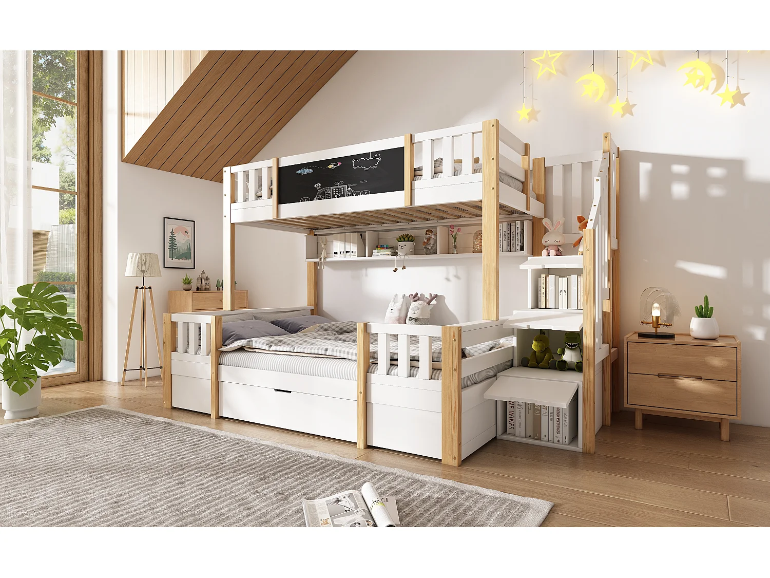 Kinderstapelbed 90x200 cm en 140x200 cm met lade en opbergladder - Licht naturel en wit