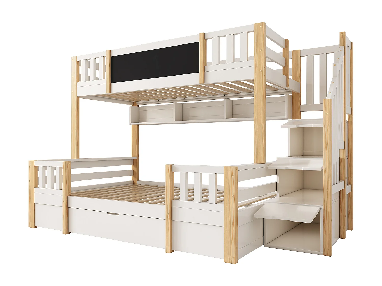 Kinderstapelbed 90x200 cm en 140x200 cm met lade en opbergladder - Licht naturel en wit