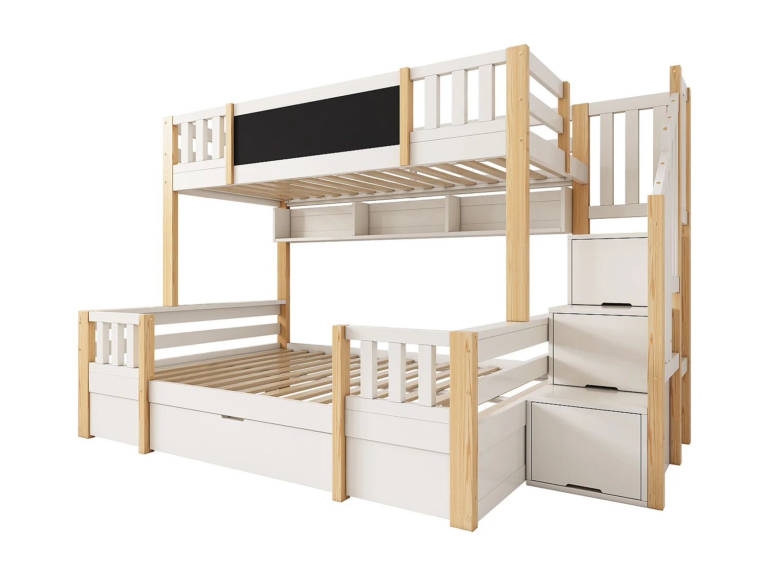 Kinderstapelbed 90x200 cm en 140x200 cm met lade en opbergladder - Licht naturel en wit