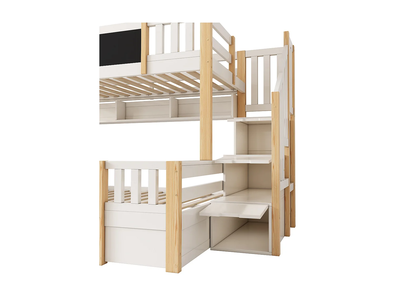 Kinderstapelbed 90x200 cm en 140x200 cm met lade en opbergladder - Licht naturel en wit