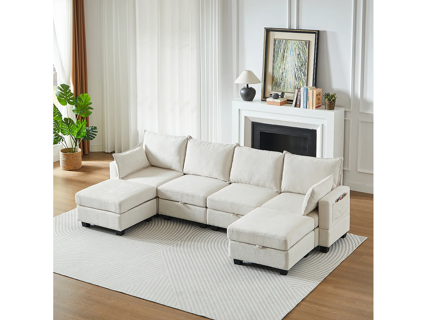 Canapé d’angle 6 places modulable avec 6 coffres de rangements - Tissu chenille beige