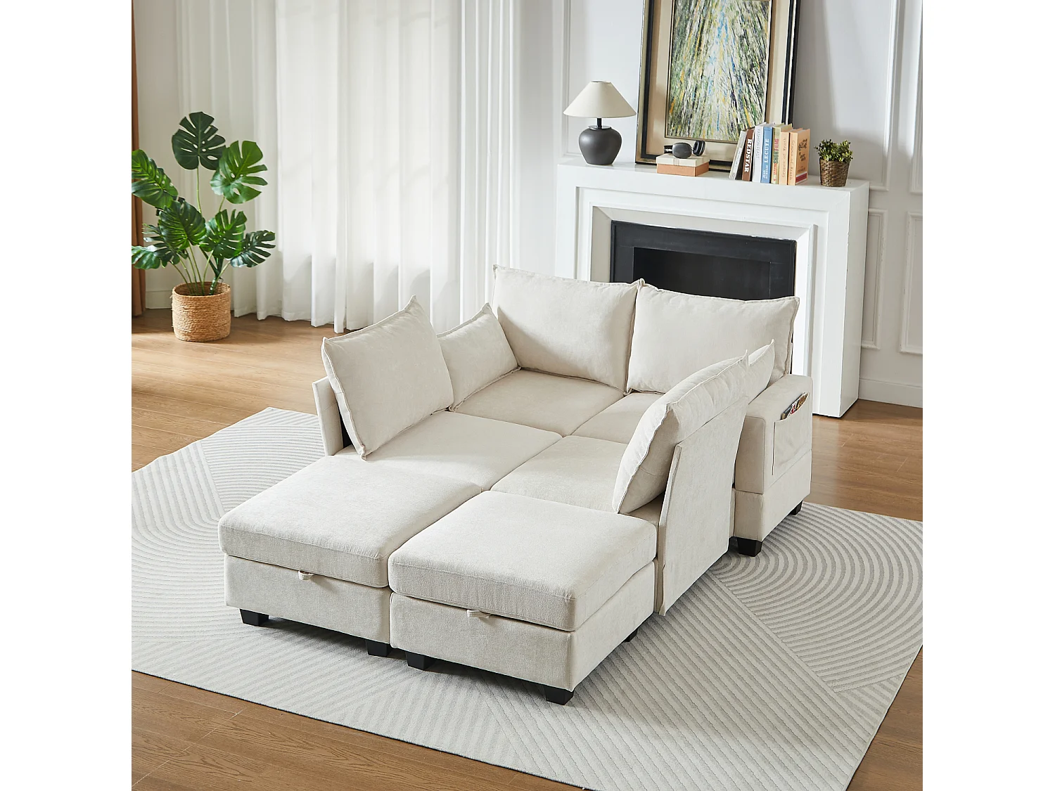 Canapé d’angle 6 places modulable avec 6 coffres de rangements - Tissu chenille beige