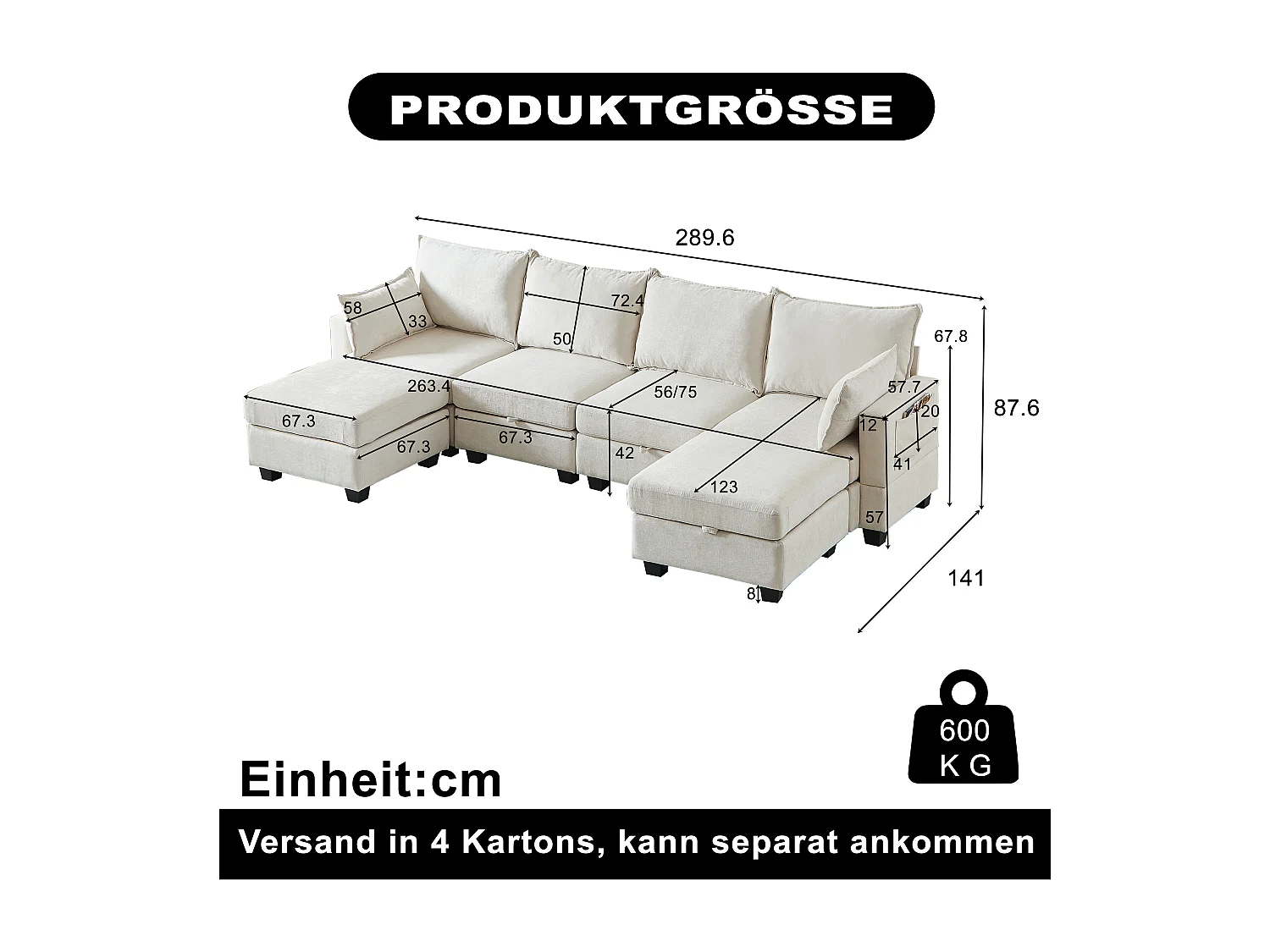 Canapé d’angle 6 places modulable avec 6 coffres de rangements - Tissu chenille beige