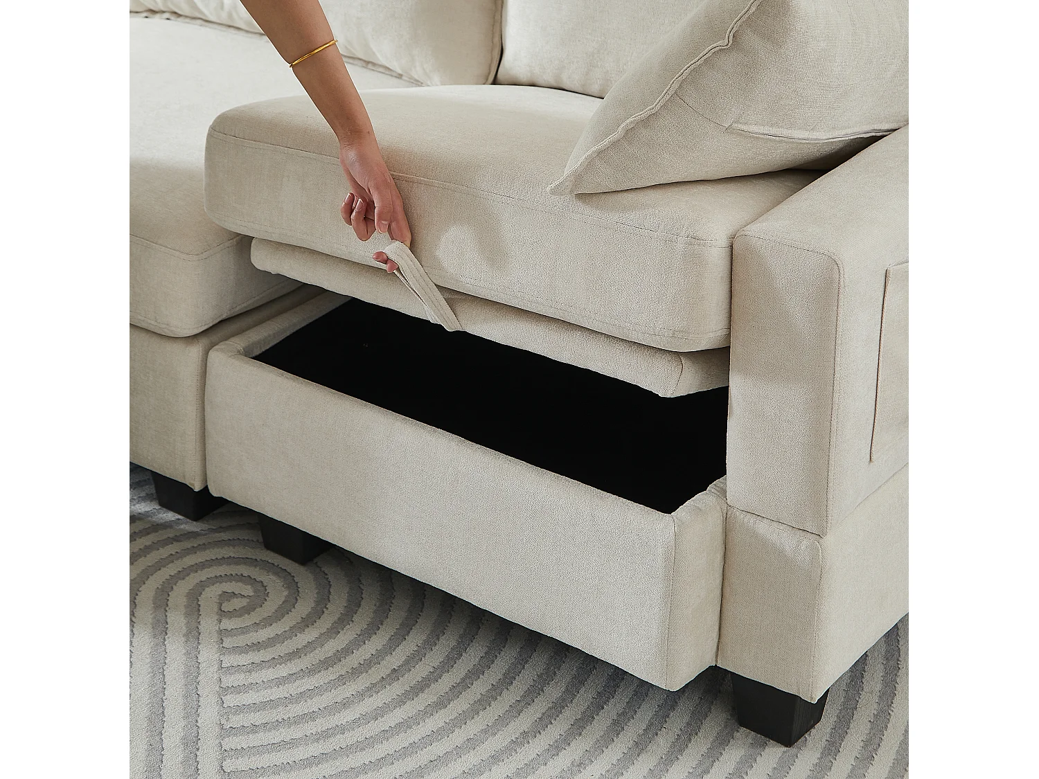 Canapé d’angle 6 places modulable avec 6 coffres de rangements - Tissu chenille beige