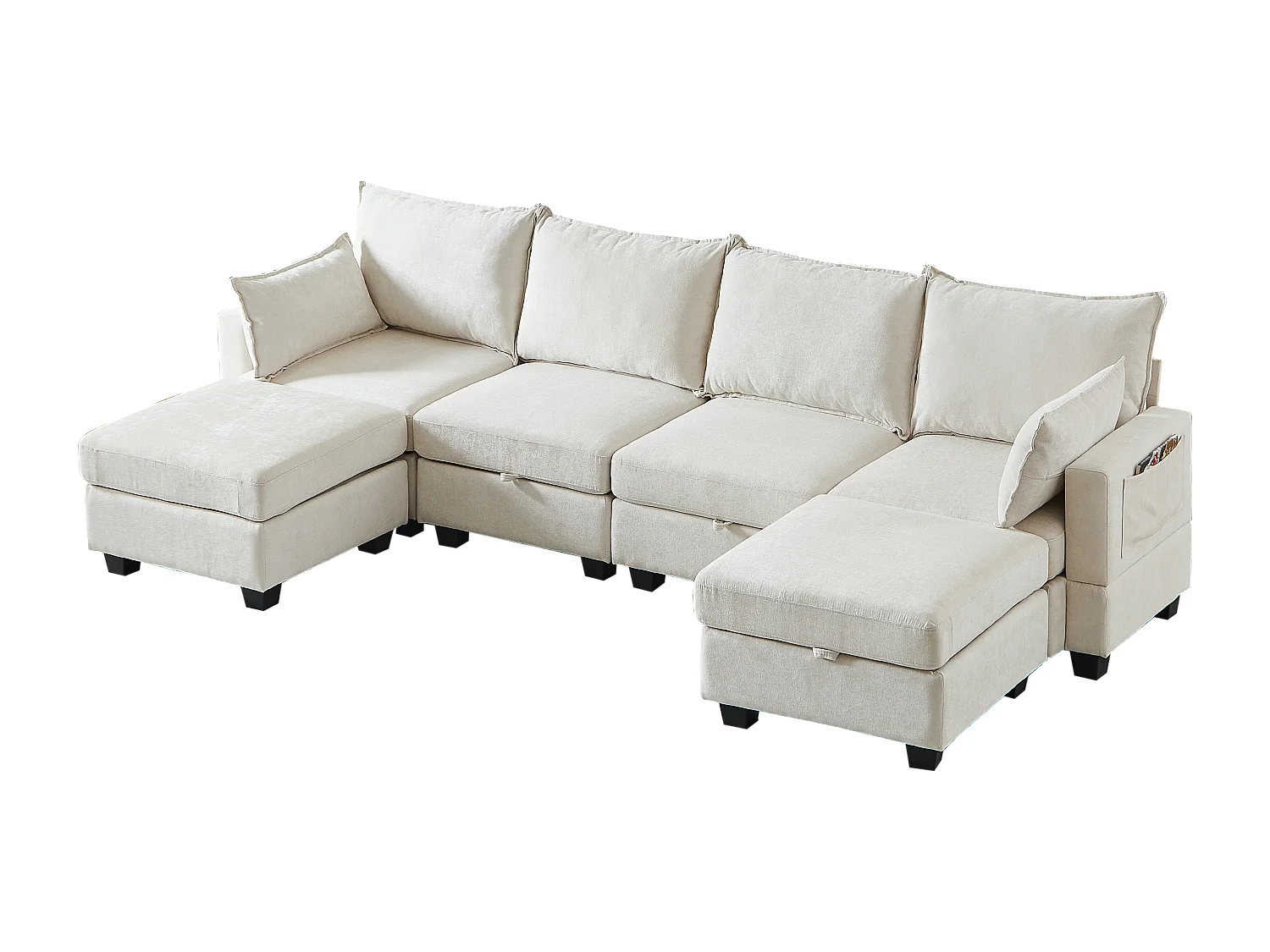 Canapé d’angle 6 places modulable avec 6 coffres de rangements - Tissu chenille beige