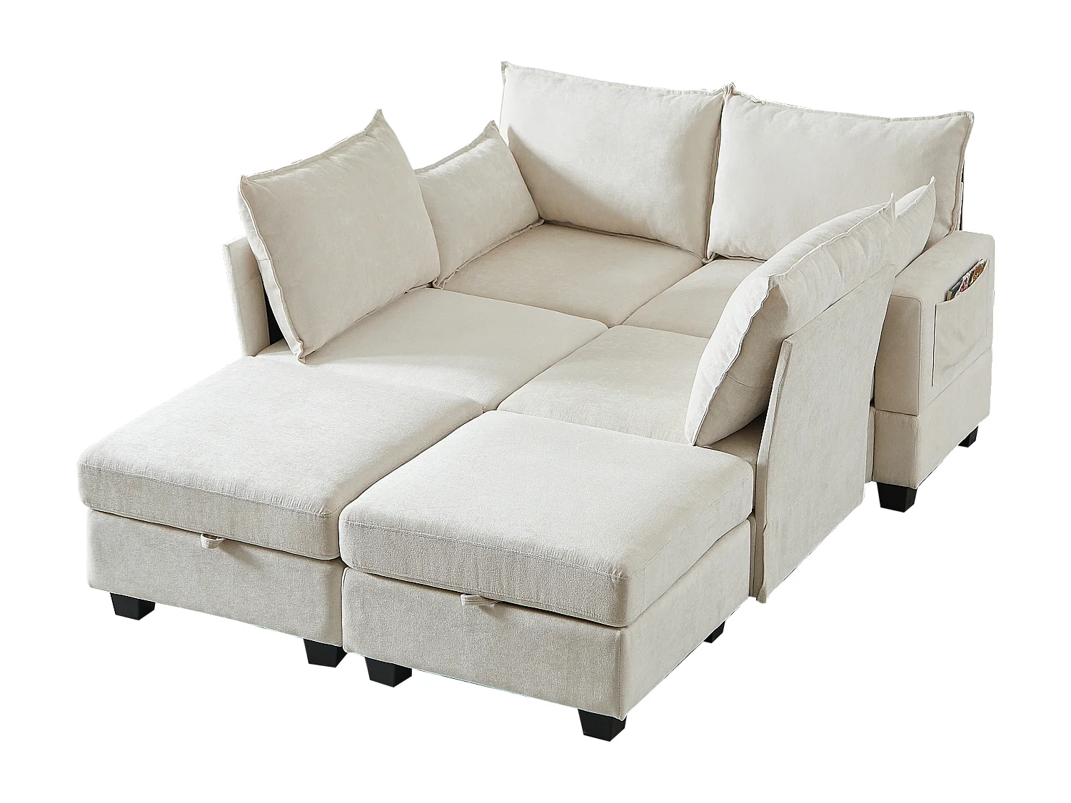 Canapé d’angle 6 places modulable avec 6 coffres de rangements - Tissu chenille beige