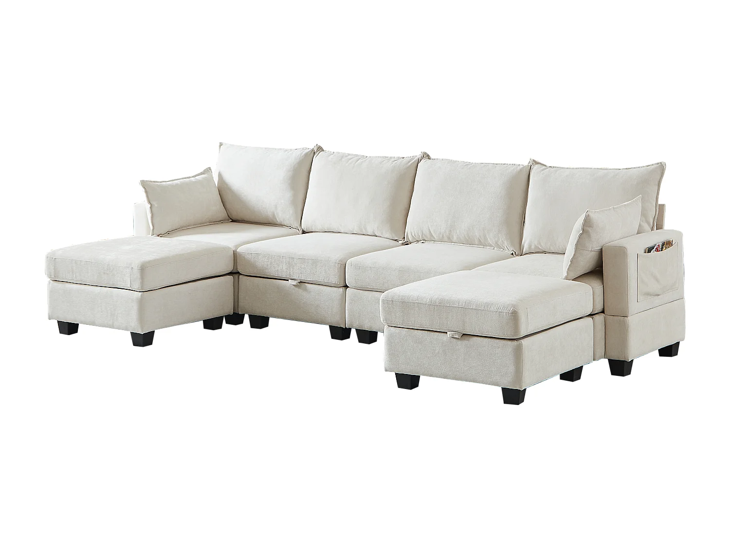 Canapé d’angle 6 places modulable avec 6 coffres de rangements - Tissu chenille beige