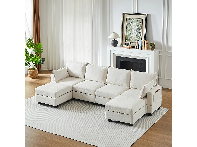 Modulaire hoekbank voor 6 personen met 6 opbergvakken - Beige chenillestof