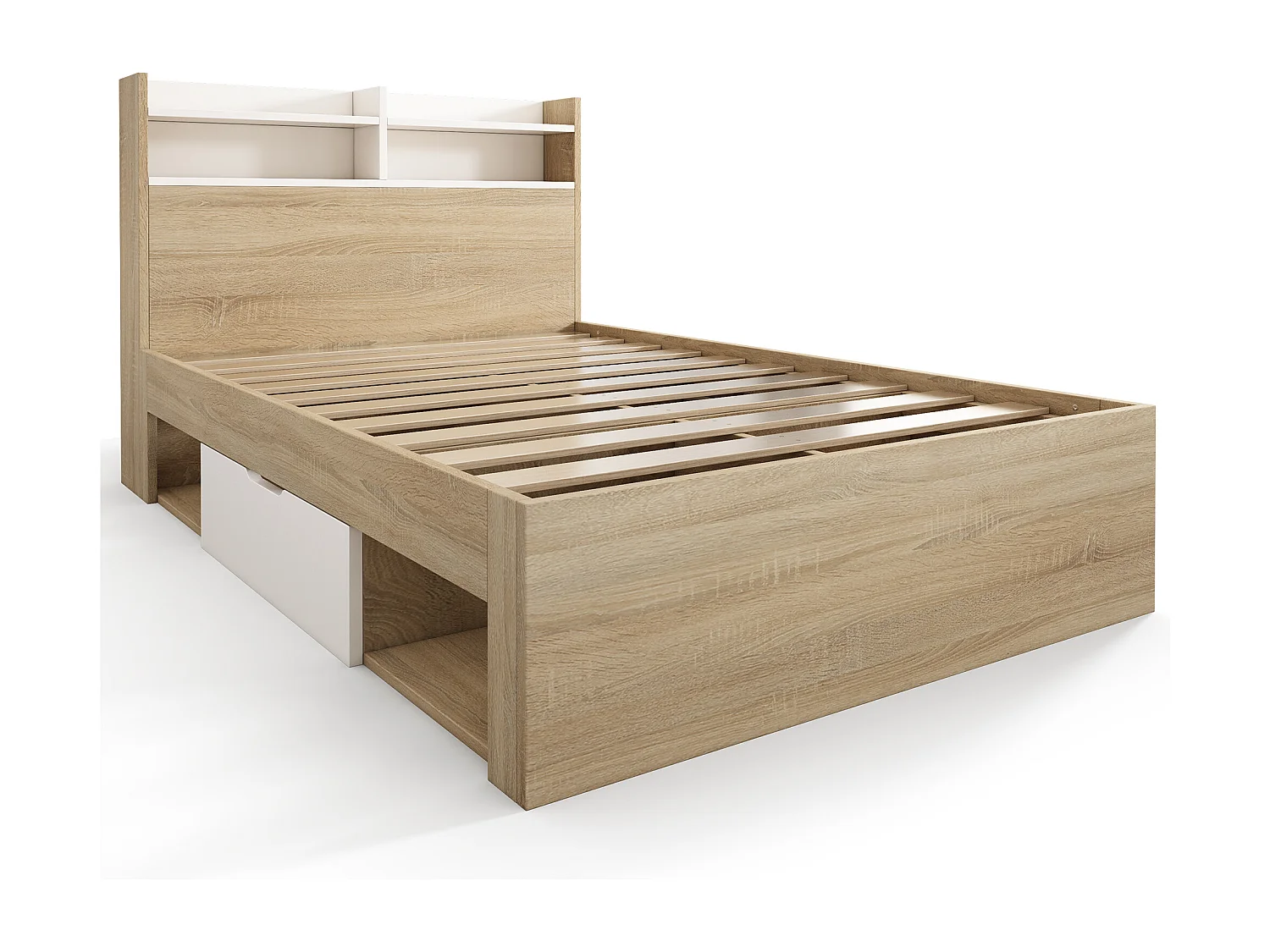 Lit enfant 90x200 cm avec 2 tiroirs et niches - Couleur bois et blanc