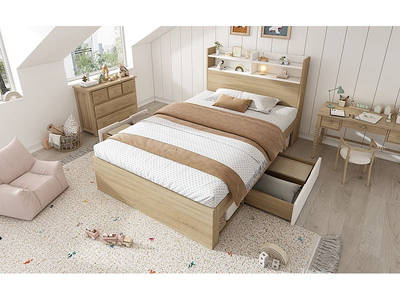 Lit enfant 90x200 cm avec 2 tiroirs et niches - Couleur bois et blanc