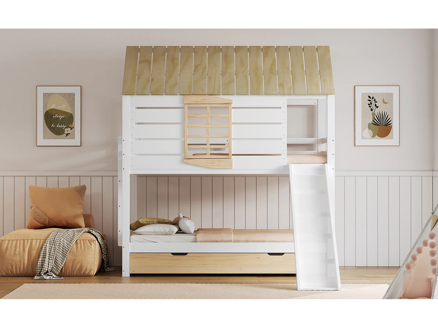 Lit superposé 90x200 cm avec lit gigogne 90x190 cm et toboggan - Lit cabane en bois pin et MDF - Blanc