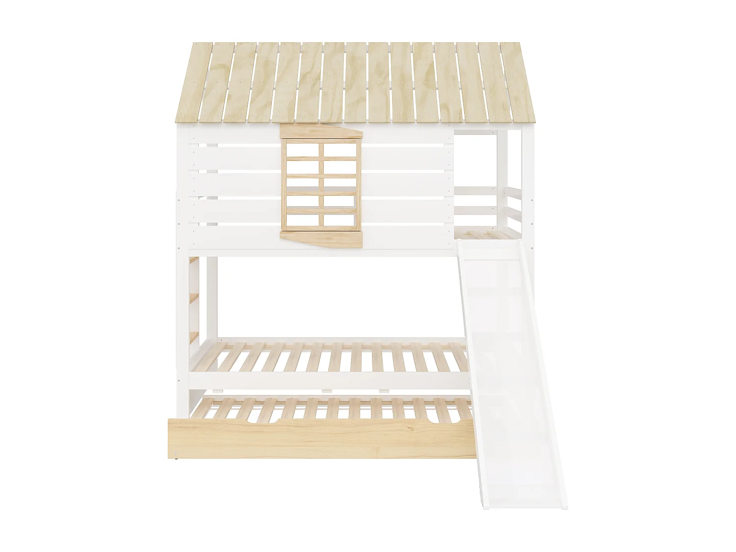 Lit superposé 90x200 cm avec lit gigogne 90x190 cm et toboggan - Lit cabane en bois pin et MDF - Blanc