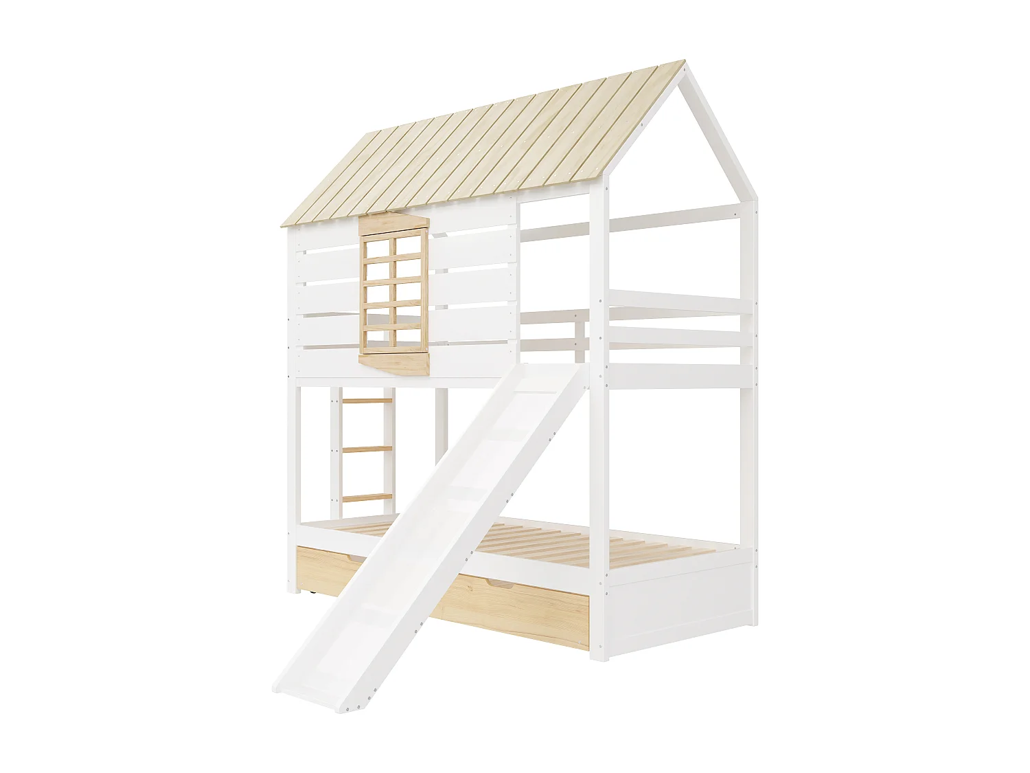 Lit superposé 90x200 cm avec lit gigogne 90x190 cm et toboggan - Lit cabane en bois pin et MDF - Blanc