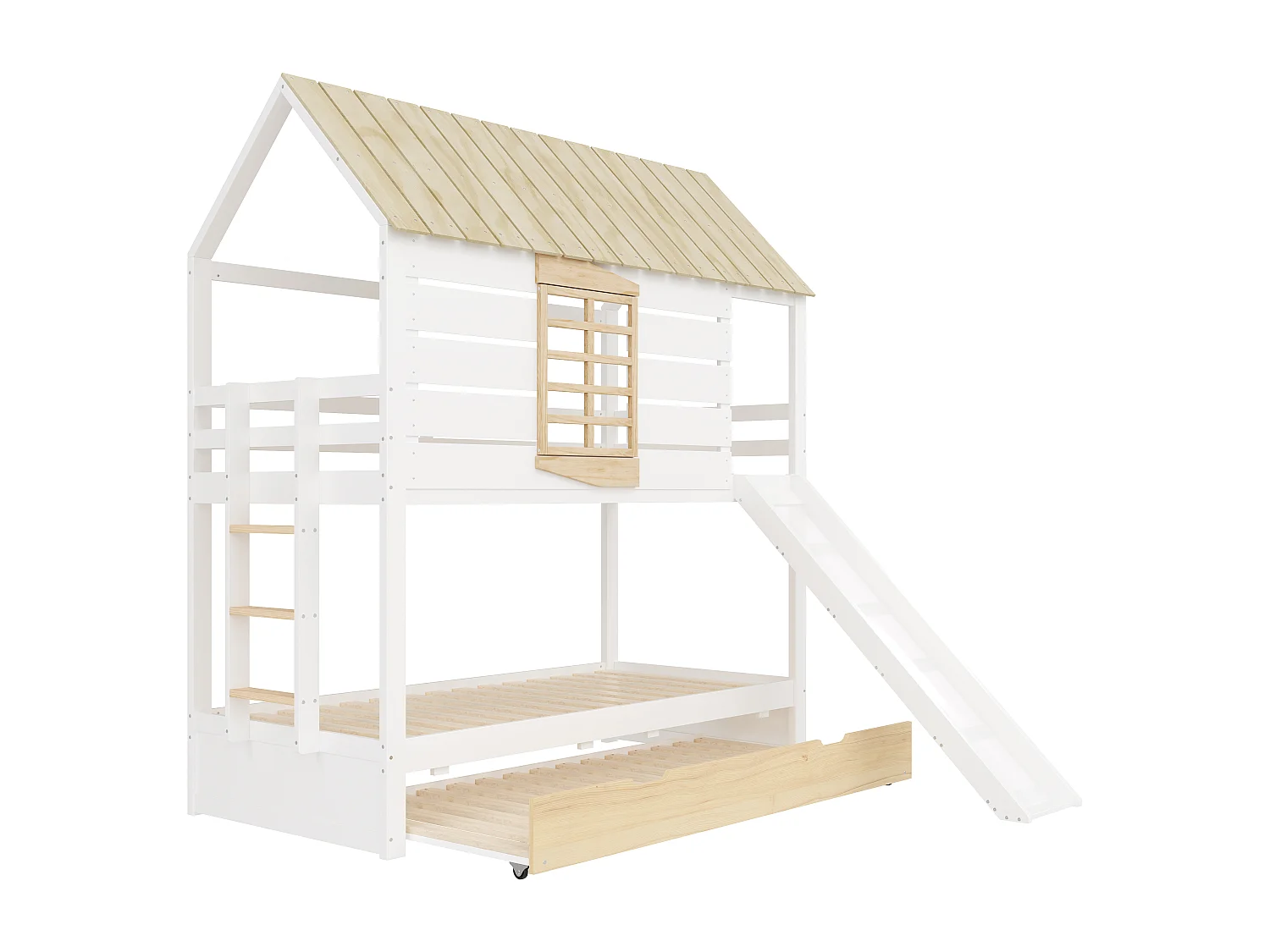 Lit superposé 90x200 cm avec lit gigogne 90x190 cm et toboggan - Lit cabane en bois pin et MDF - Blanc