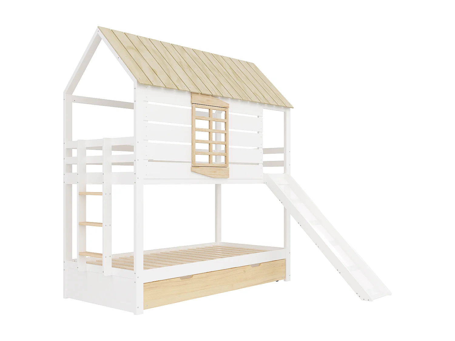 Lit superposé 90x200 cm avec lit gigogne 90x190 cm et toboggan - Lit cabane en bois pin et MDF - Blanc
