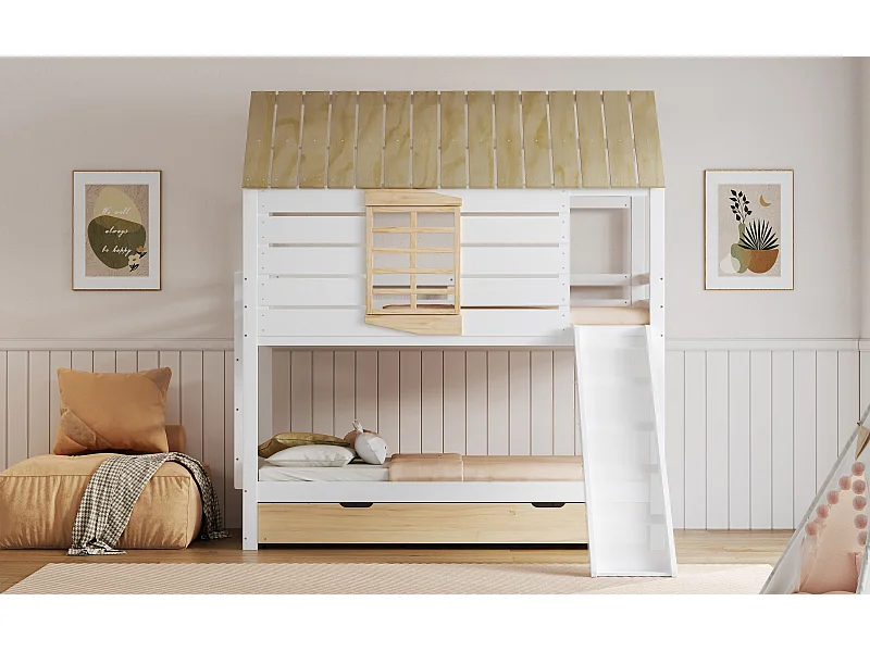 Lit superposé 90x200 cm avec lit gigogne 90x190 cm et toboggan - Lit cabane en bois pin et MDF - Blanc