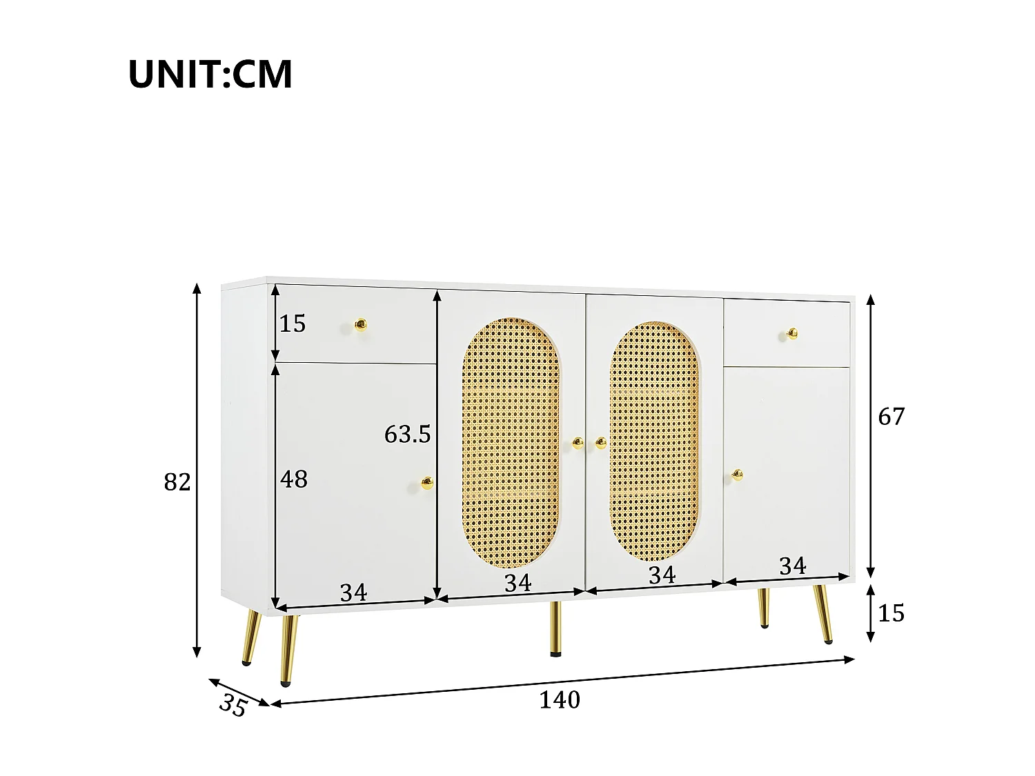 Buffet avec 2 tiroirs et 4 portes 140x35x82 cm - Blanc