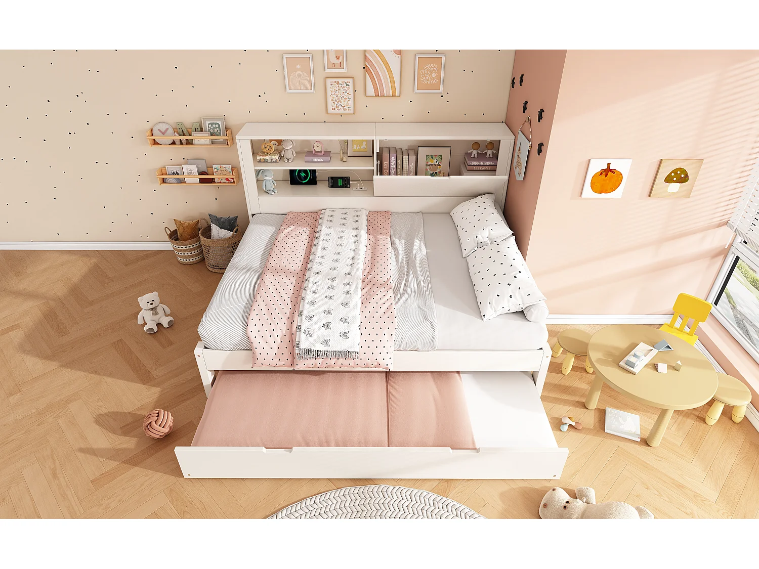 Lit banquette140x190 cm avec lit gigogne 90x190 cm, ports USB et rangements - Blanc