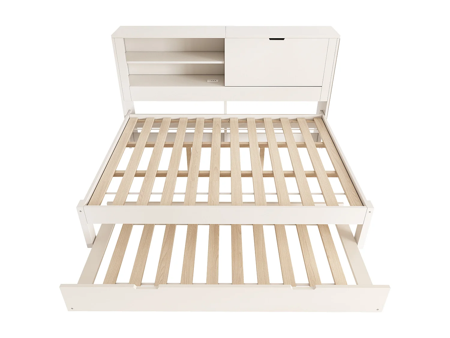 Lit banquette140x190 cm avec lit gigogne 90x190 cm, ports USB et rangements - Blanc